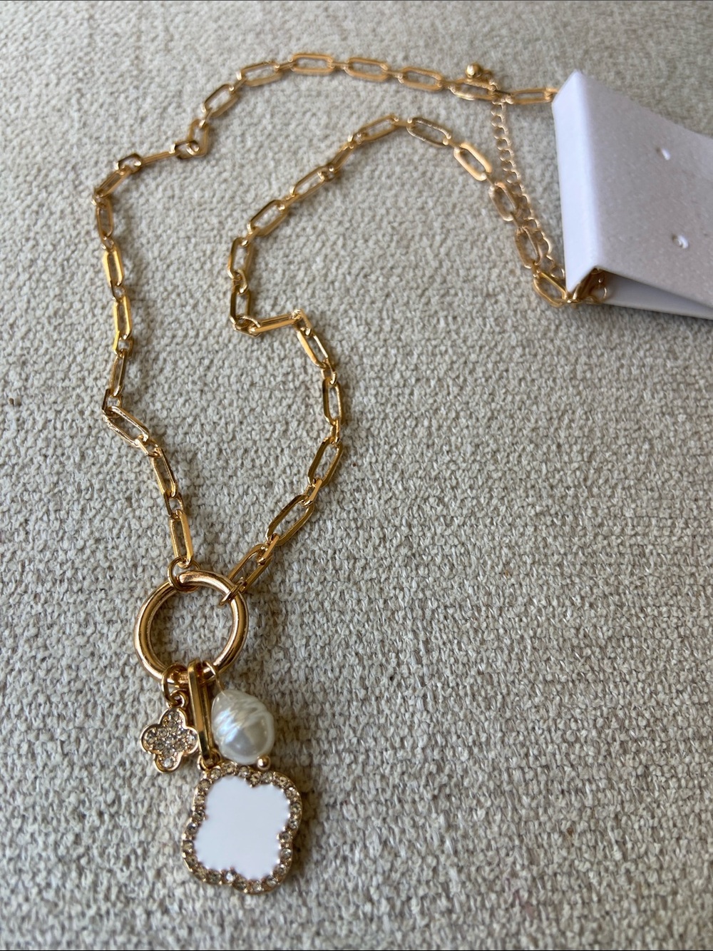 Gold-Plated Paperclip Chain Necklace with Quatrefoil, Pearl & Clover Charm